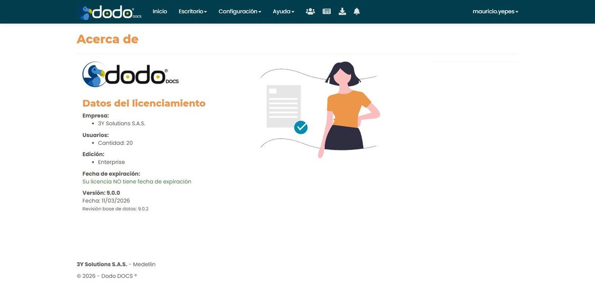 Pantalla «Acerca de» con el bloque «Datos del licenciamiento»: empresa, cantidad de usuarios, edición, fecha de expiración, versión y revisión de base de datos.