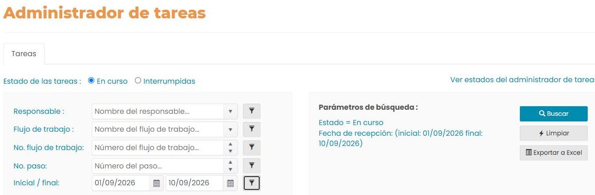 El filtro «Fecha de recepción: (inicial: 01/12/2024 final: 10/09/2026)» ya agregado en «Parámetros de búsqueda», junto a «Estado = En curso».