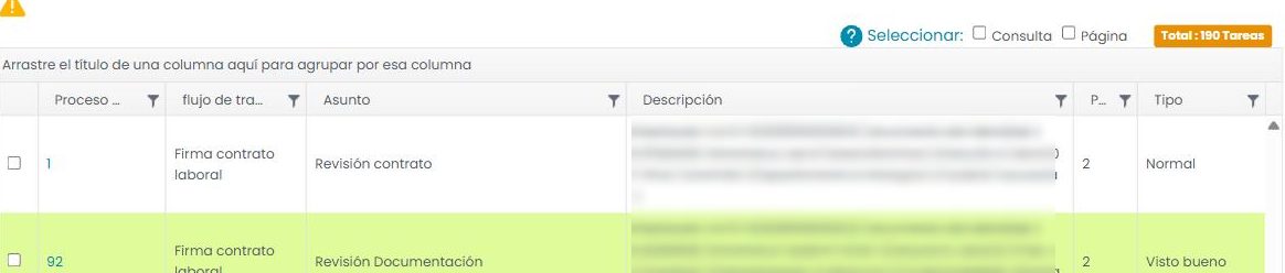 Resultado de una búsqueda: «Total: 190 Tareas», casillas «Consulta» y «Página» para seleccionar en bloque, y una tabla con columnas Proceso, flujo de trabajo, Asunto, Descripción (difuminada), Paso y Tipo.