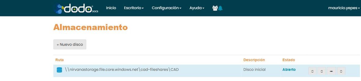 Pantalla «Almacenamiento»: listado de discos con columnas Ruta, Descripción y Estado (Abierto), botón «+ Nuevo disco» y comandos por fila (Detalle, Cambiar estado, Editar, Eliminar).
