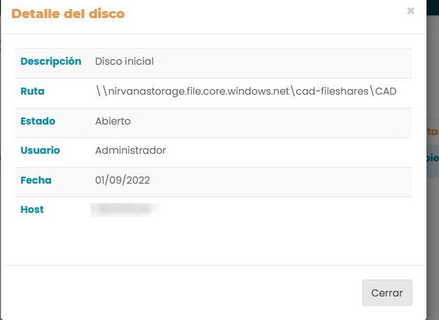 Modal «Detalle del disco»: Descripción, Ruta, Estado, Usuario, Fecha y Host (difuminado).
