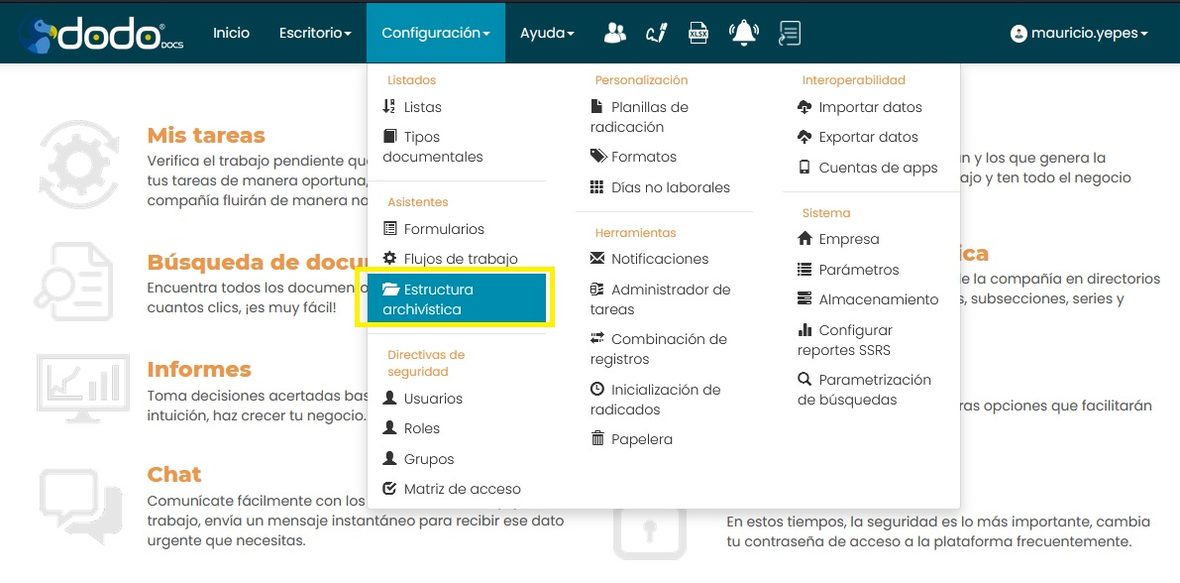 Menú Configuración desplegado, con Estructura archivística señalada.
