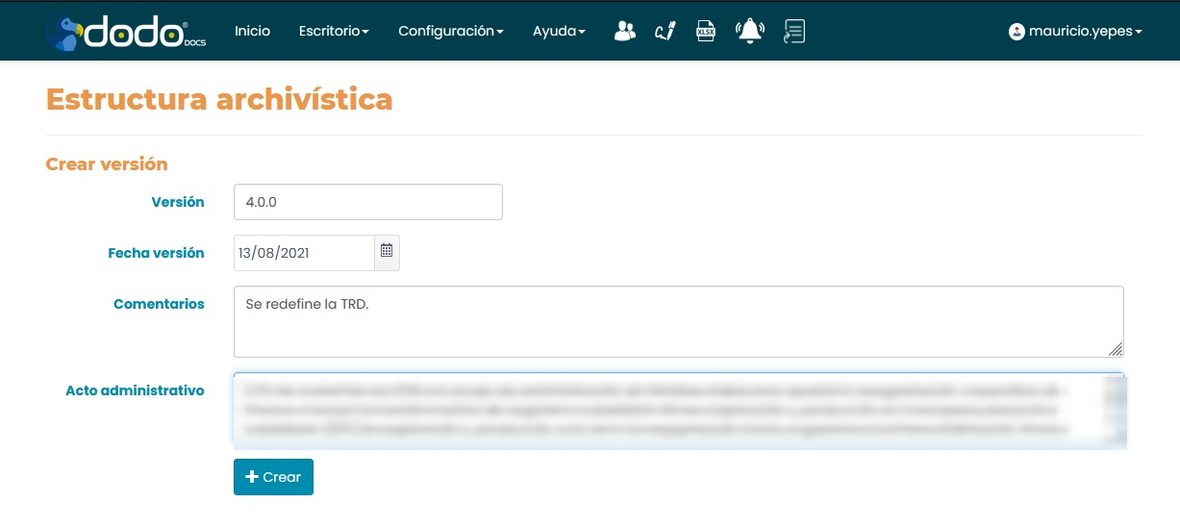 Formulario Crear versión de la estructura archivística, con los campos Versión, Fecha versión, Comentarios y Acto administrativo (difuminado).