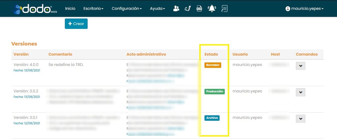Tabla Versiones con la columna Estado mostrando Borrador, Producción y Archivo, y las columnas Comentario y Acto administrativo difuminadas.