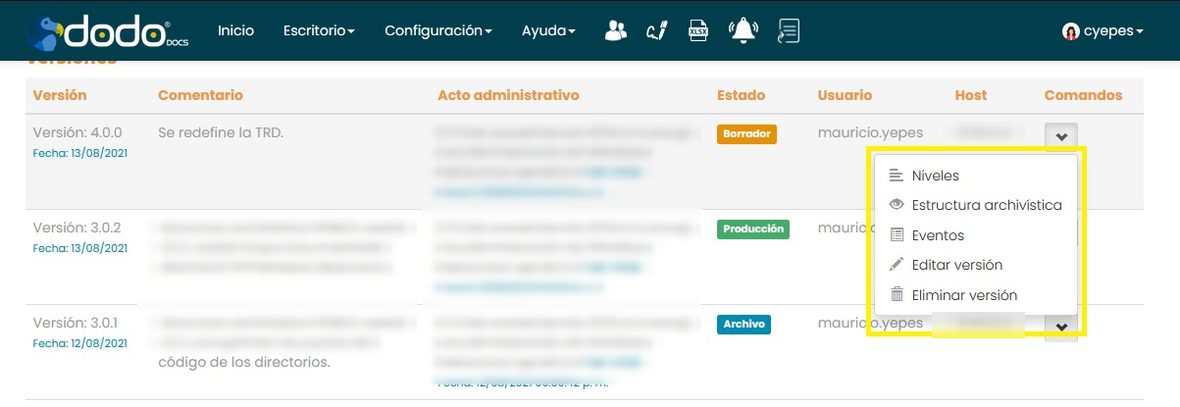 Menú de comandos de una versión desplegado: Niveles, Estructura archivística, Eventos, Editar versión, Eliminar versión.