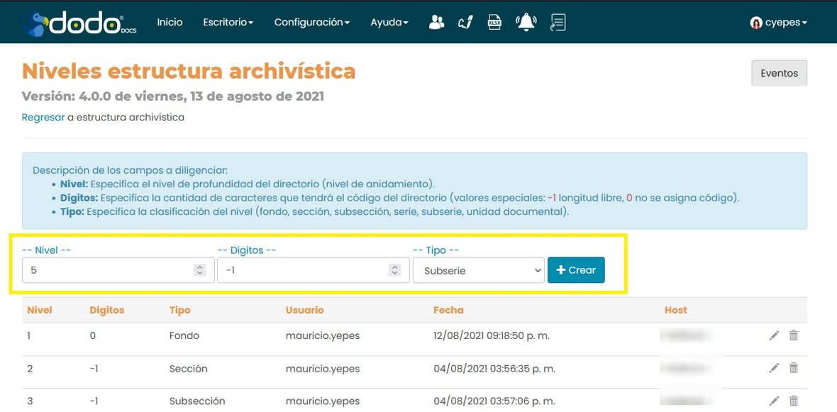 Pantalla Niveles estructura archivística, con el formulario Nivel, Dígitos, Tipo, y una tabla de niveles ya creados: Fondo, Sección, Subsección.
