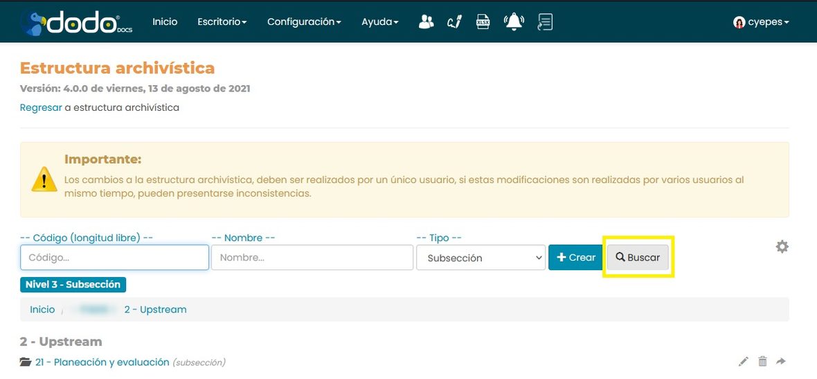 Botón Buscar resaltado en la pantalla Estructura archivística.