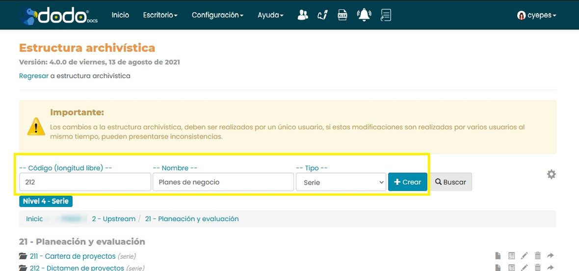 Formulario para crear un directorio: Código, Nombre y Tipo, con el breadcrumb del nivel actual (cliente difuminado).