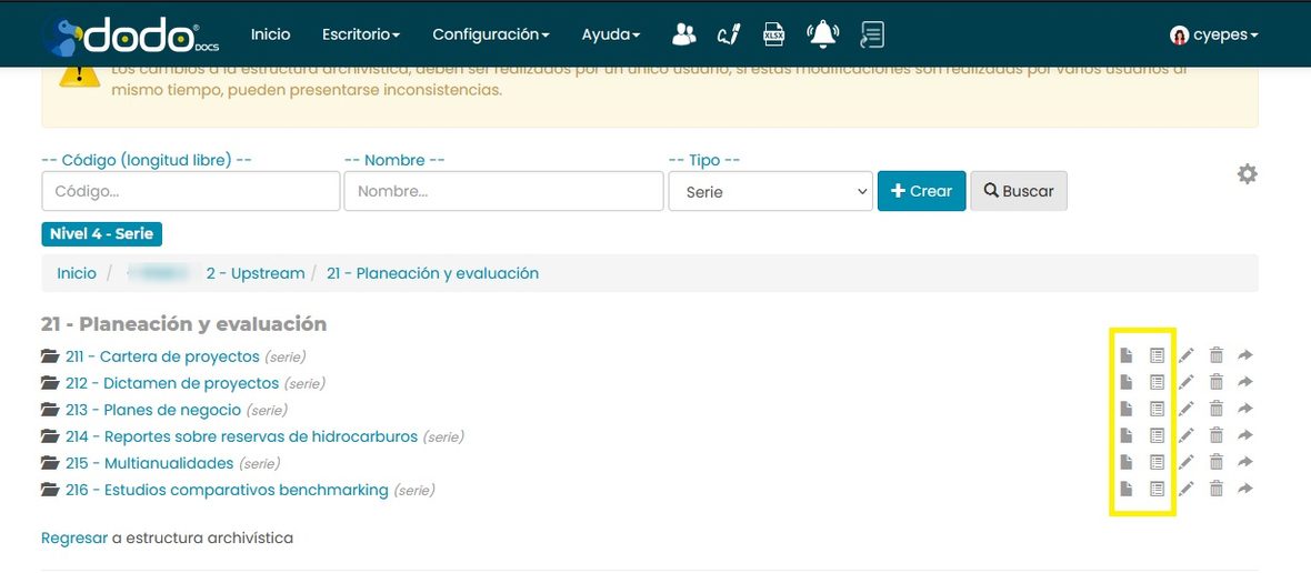 Lista de series con dos íconos adicionales por fila: asignar tipos documentales y asignar propiedades.