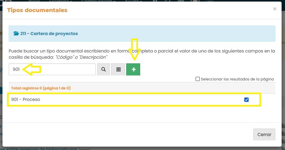 Ventana Tipos documentales, con la búsqueda 901, el resultado 901 - Proceso marcado, y el botón verde de adicionar.