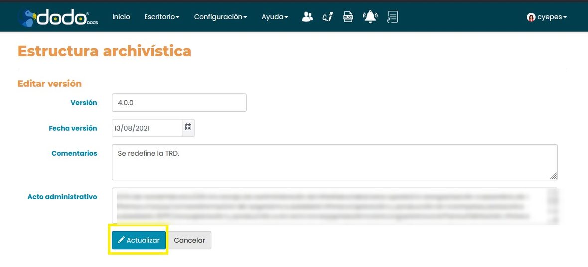 Formulario Editar versión, con Versión, Fecha versión, Comentarios y Acto administrativo (difuminado), y el botón Actualizar.
