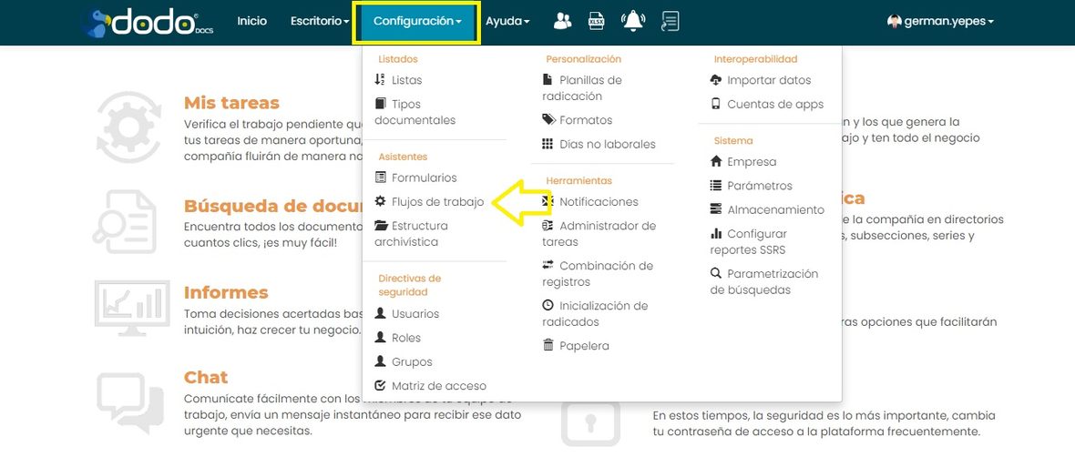 Menú Configuración desplegado, con Flujos de trabajo señalado dentro del grupo Asistentes.