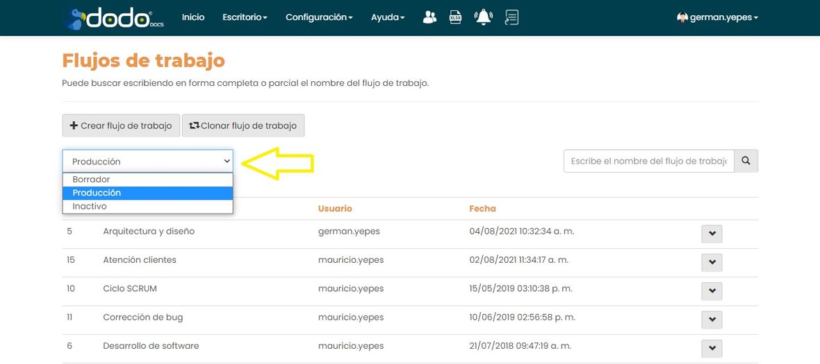Filtro de estado desplegado con las opciones Borrador, Producción e Inactivo.