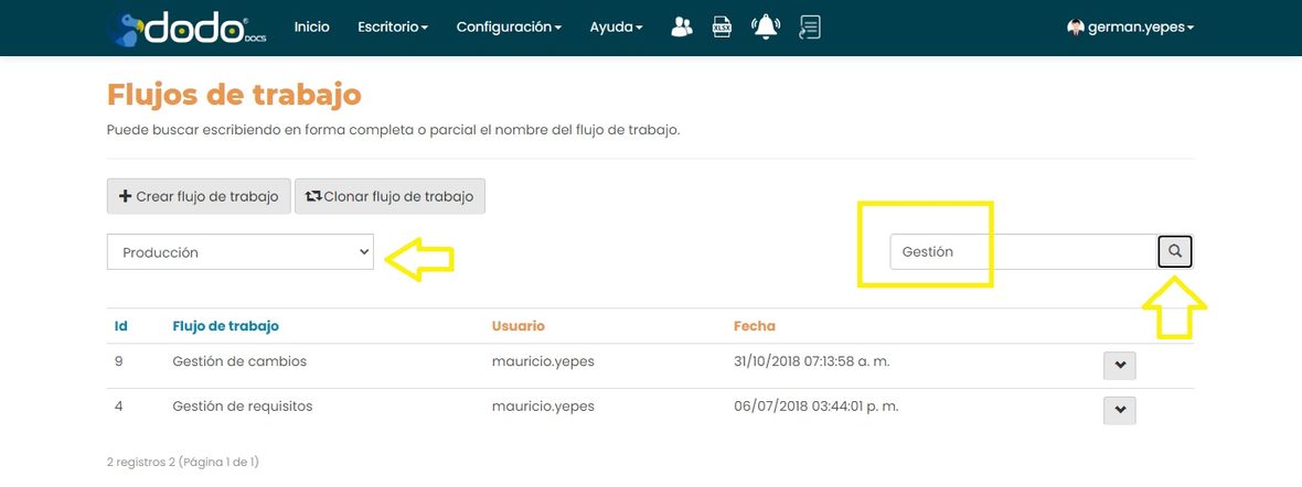 Filtro de estado en Producción, casilla de búsqueda con el texto Gestión y el ícono buscar, con dos resultados: Gestión de cambios y Gestión de requisitos.