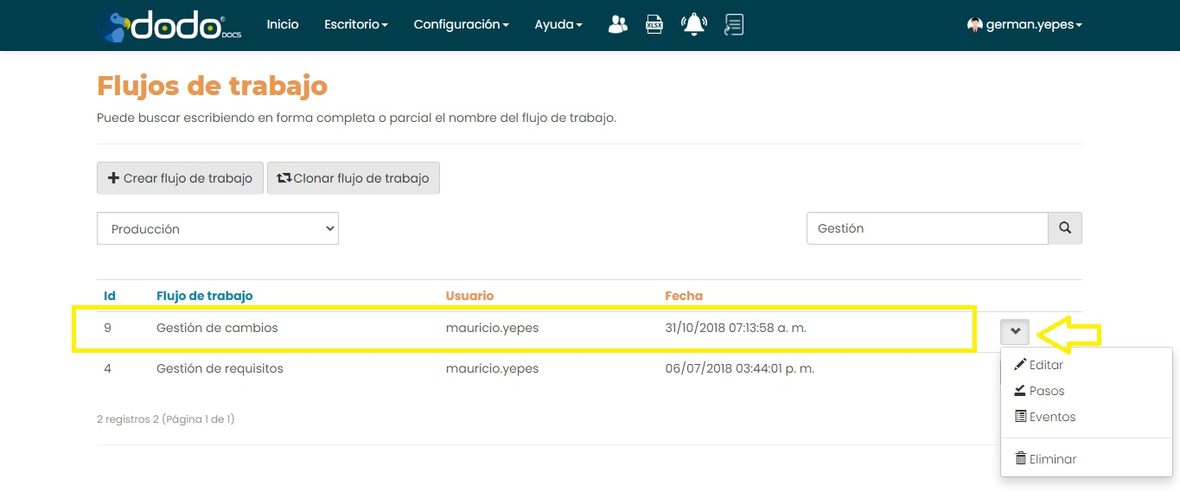 Fila de un flujo de trabajo con su pestaña lateral desplegada, mostrando las opciones Editar, Pasos, Eventos y Eliminar.