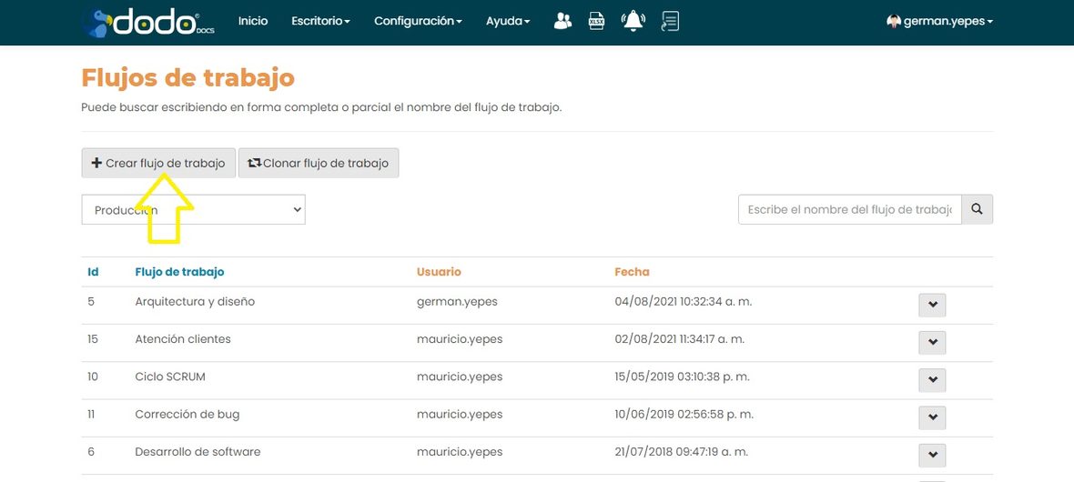 Botón +Crear flujo de trabajo en la pantalla Flujos de trabajo.