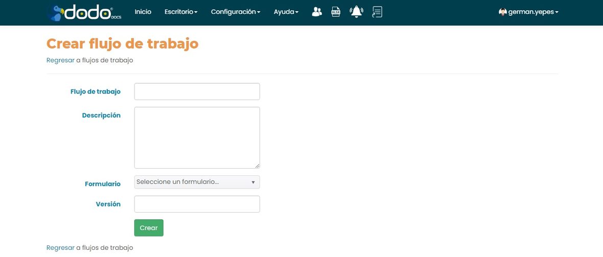 Formulario Crear flujo de trabajo, con los campos Flujo de trabajo, Descripción, Formulario y Versión.
