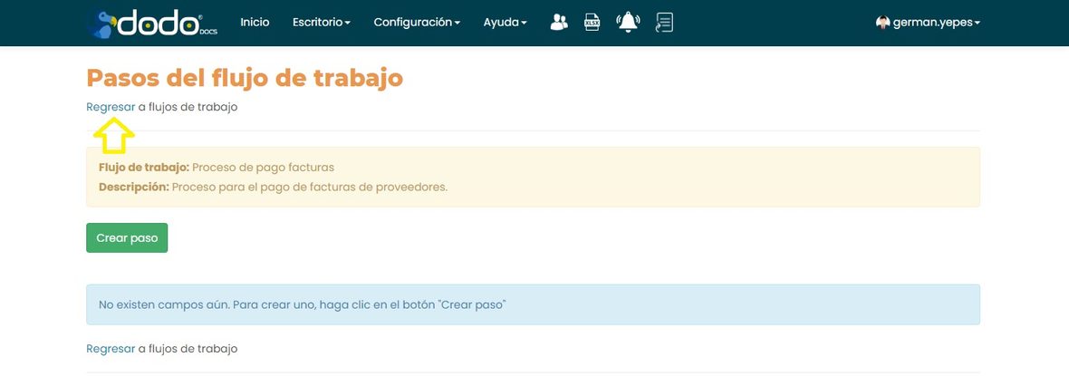 Pantalla Pasos del flujo de trabajo recién creado, sin pasos aún, con el botón Crear paso.