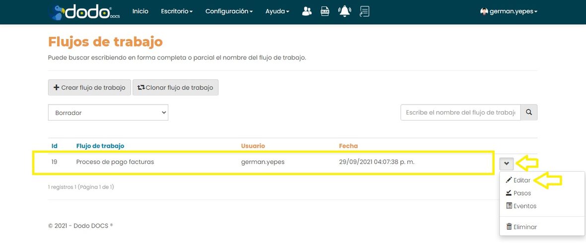 Pestaña lateral de un flujo de trabajo con la opción Editar señalada.