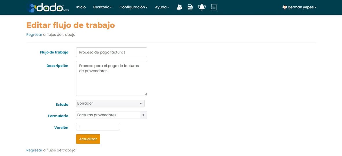 Formulario Editar flujo de trabajo con los campos Flujo de trabajo, Descripción, Estado, Formulario, Versión y el botón Actualizar.