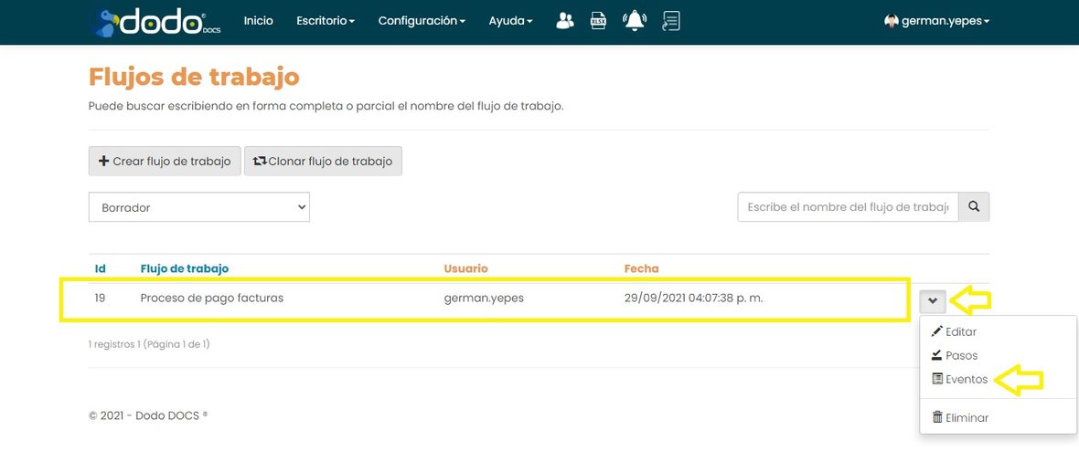 Pestaña lateral de un flujo de trabajo con la opción Eventos señalada.
