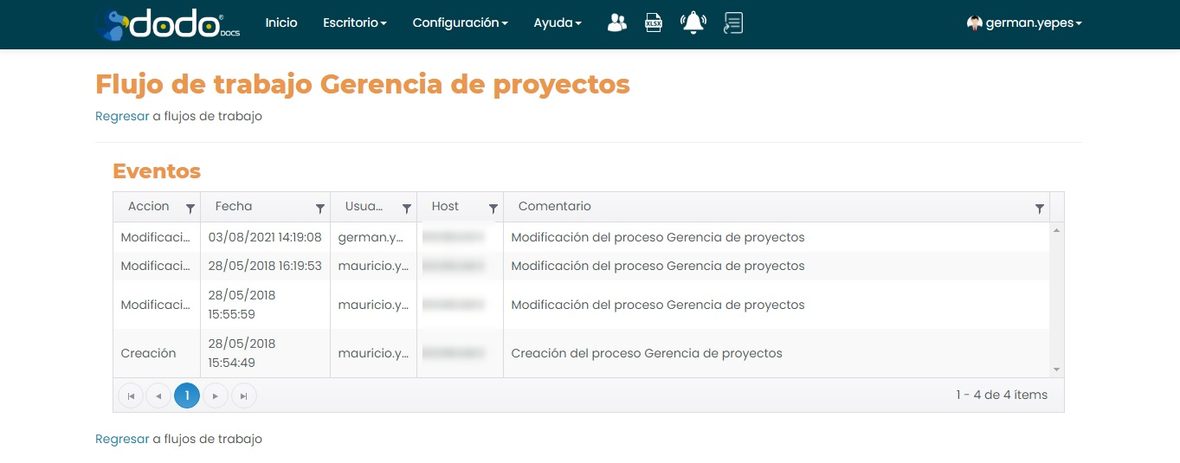 Pantalla Eventos del flujo de trabajo, con columnas Accion, Fecha, Usuario, Host (difuminada) y Comentario.