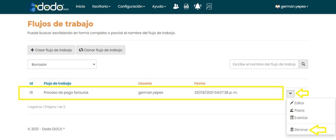 Pestaña lateral de un flujo de trabajo con la opción Eliminar señalada.