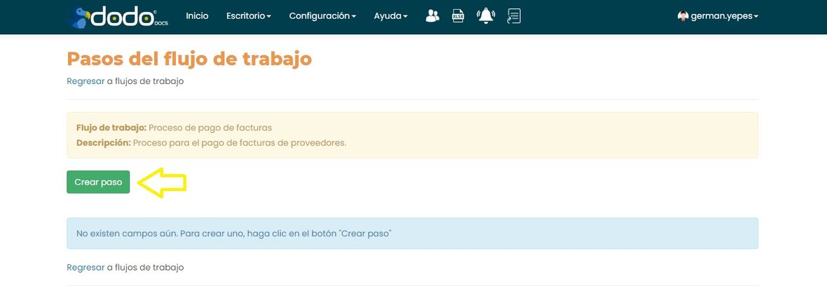 Botón Crear paso en la pantalla Pasos del flujo de trabajo.
