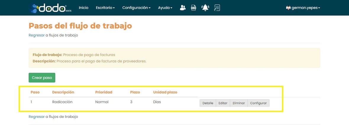 Pestaña Pasos del flujo de trabajo con un paso creado (Radicación, Normal, 3, Días) y sus acciones Detalle, Editar, Eliminar, Configurar.
