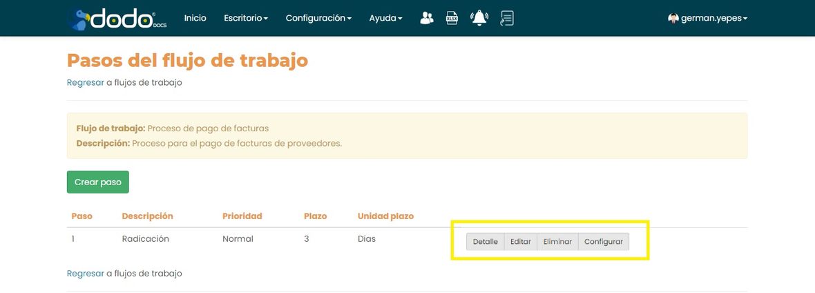 Fila de un paso con sus acciones Detalle, Editar, Eliminar y Configurar.