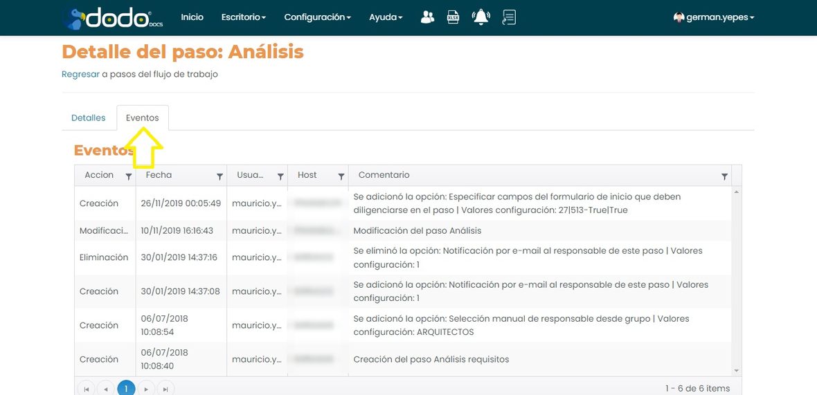 Pestaña Eventos del Detalle del paso, con columnas Accion, Fecha, Usuario, Host (difuminada) y Comentario, mostrando la creación, modificaciones y opciones configuradas del paso.