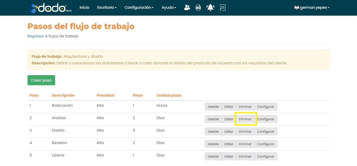 Botón Eliminar de un paso, resaltado.