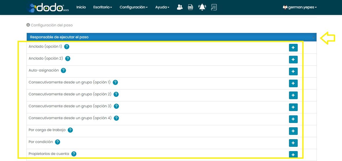 Sección Responsable de ejecutar el paso desplegada, con opciones Anclado (opción 1 y 2), Auto-asignación, Consecutivamente desde un grupo (4 variantes), Por carga de trabajo, Por condición y Propietarios de cuenta, cada una con ícono de ayuda y botón +.