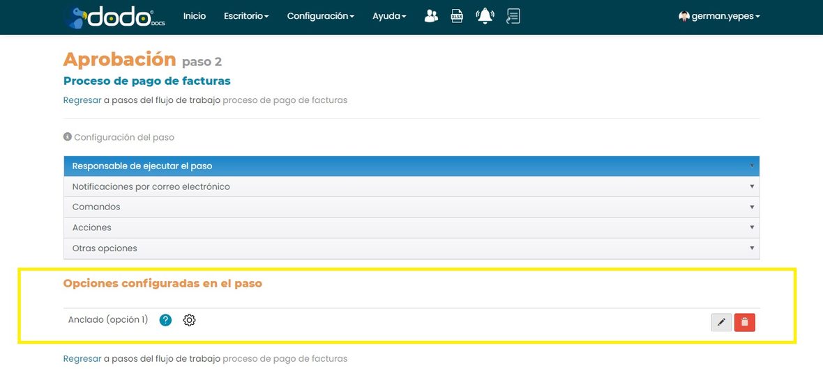 Sección Opciones configuradas en el paso, con la opción Anclado (opción 1) y sus íconos editar y eliminar.