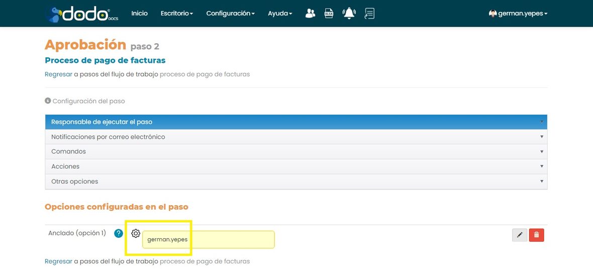 Opción Anclado (opción 1) con el ícono de configuración desplegado, mostrando el usuario asignado german.yepes.