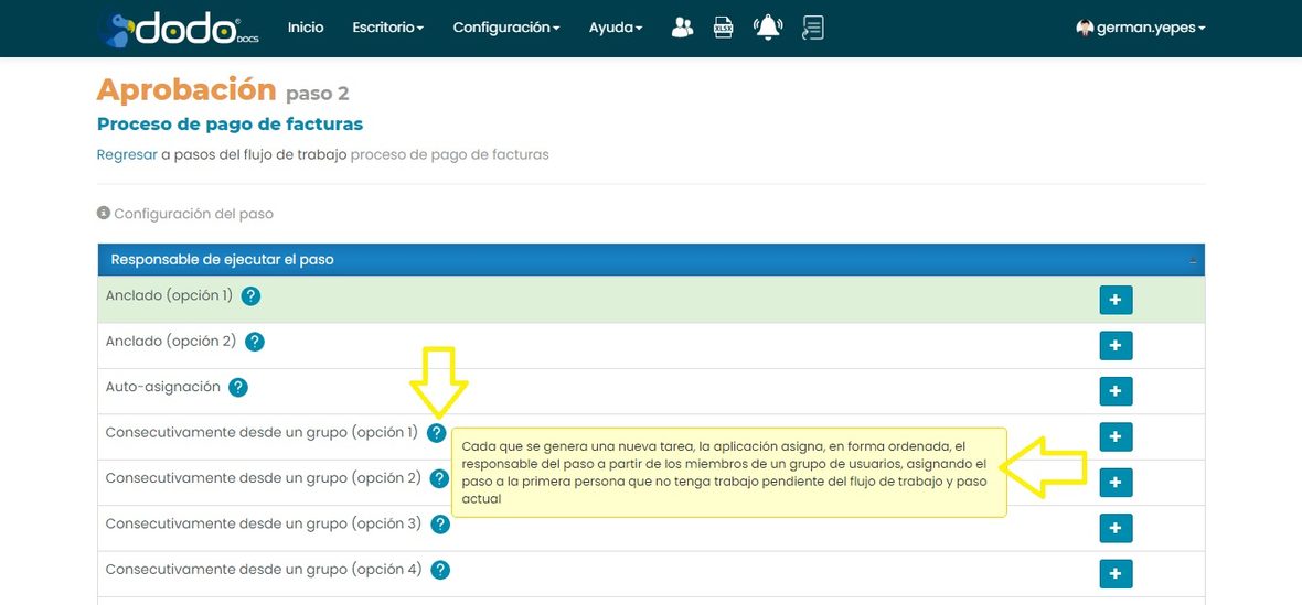 Tooltip de ayuda de la opción Consecutivamente desde un grupo (opción 1): cada que se genera una nueva tarea, la aplicación asigna en forma ordenada el responsable del paso a partir de los miembros de un grupo de usuarios.