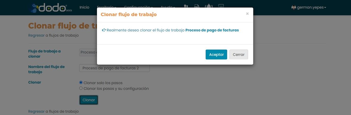 Ventana de confirmación: Realmente desea clonar el flujo de trabajo Proceso de pago de facturas, con los botones Aceptar y Cerrar.