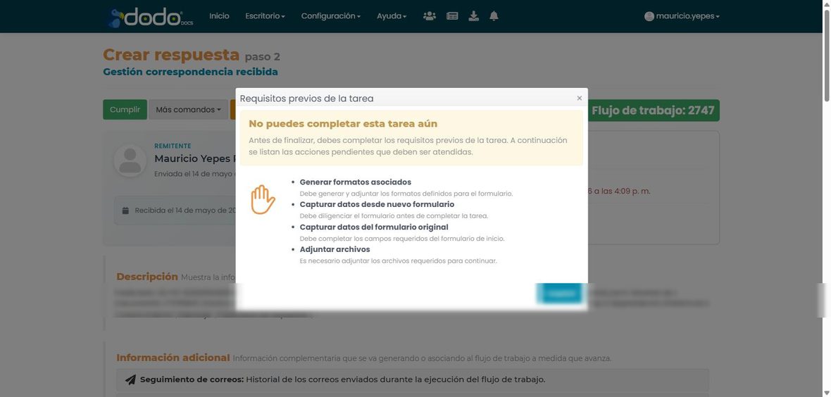 Ventana Requisitos previos de la tarea, listando Adjuntar archivos entre las acciones pendientes que impiden completarla.