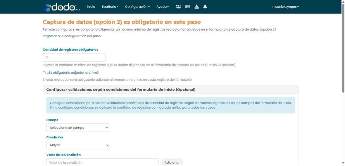 Configuración de Captura de datos (opción 2): cantidad de registros obligatorios, casilla ¿Es obligatorio adjuntar archivo? y condiciones según el formulario de inicio.