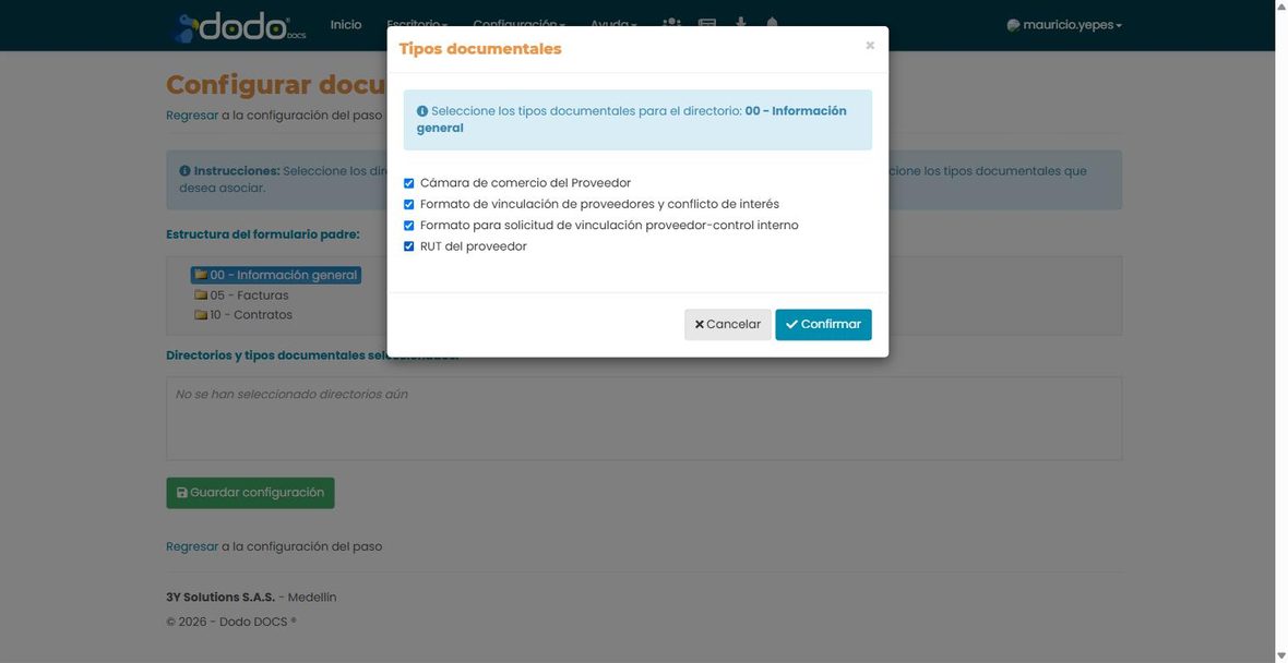 Configuración de Documentos de interés: ventana Tipos documentales, seleccionando los tipos a mostrar para el directorio 00 - Información general.
