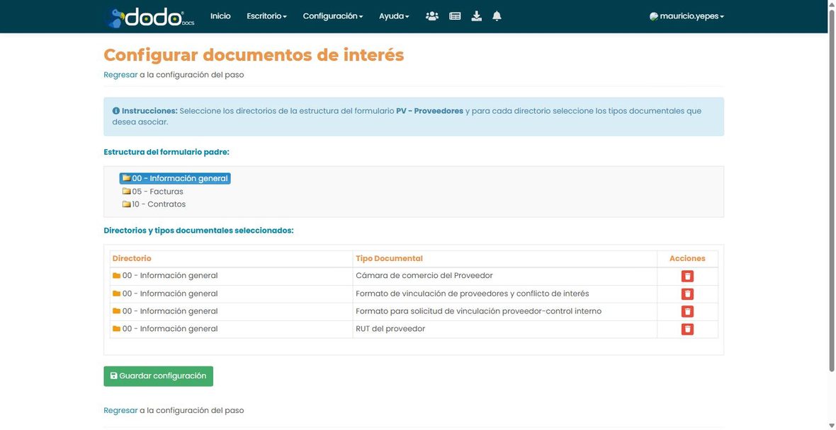 Tabla con los directorios y tipos documentales seleccionados como Documentos de interés, con su acción Eliminar.