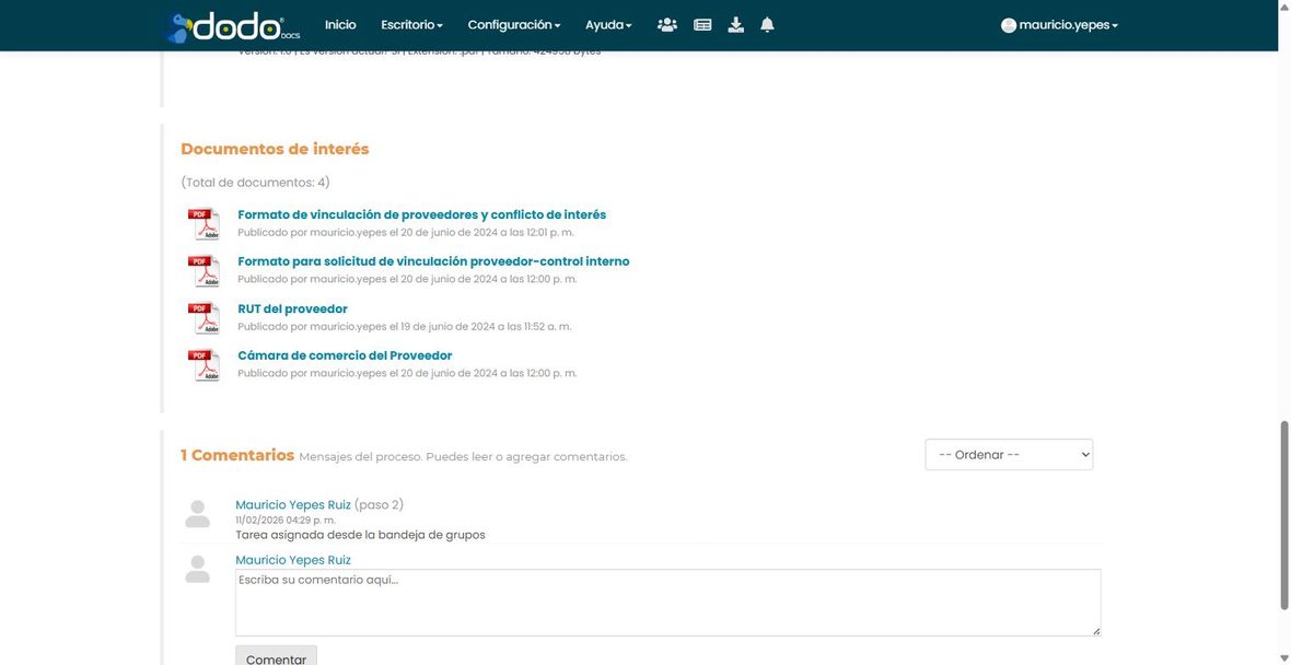 Sección Documentos de interés en la tarea, con cuatro documentos del proveedor: formato de vinculación, formato de control interno, RUT y cámara de comercio.