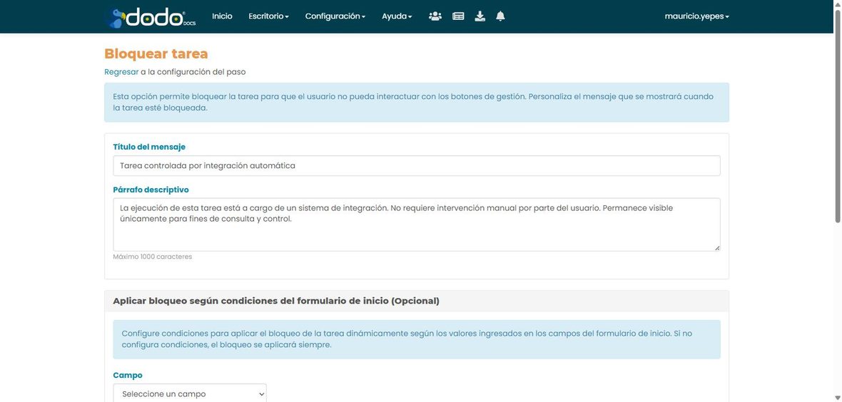 Configuración de Bloquear tarea: título y párrafo descriptivo del mensaje de bloqueo, y condiciones opcionales según el formulario de inicio.