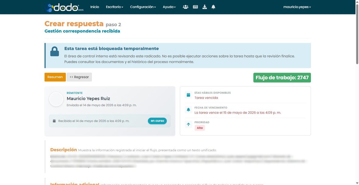 Tarea bloqueada, con el mensaje configurado, sin los botones de acción ni de gestión de archivos; solo quedan Resumen y Regresar.