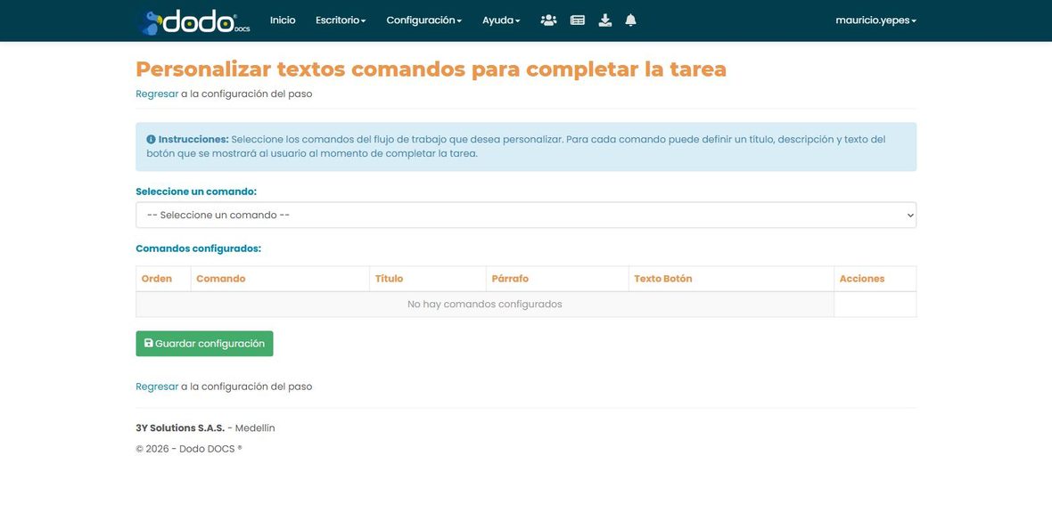 Configuración de Personalizar textos de los comandos: se elige un comando y se define su título, descripción y texto de botón.