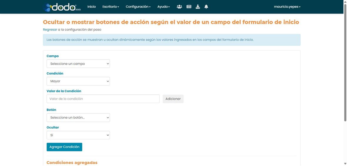 Configuración de Ocultar o mostrar botones de acción: campo, condición y valor del formulario de inicio, botón afectado y si se oculta.