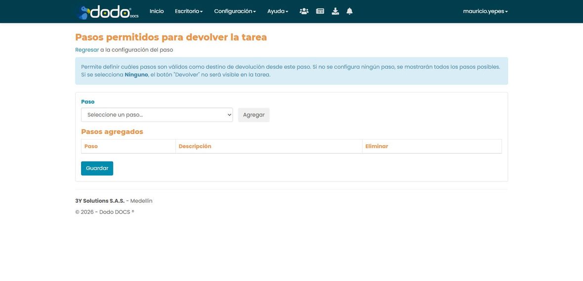 Configuración de Pasos permitidos para devolver la tarea: se agregan los pasos válidos como destino de devolución.