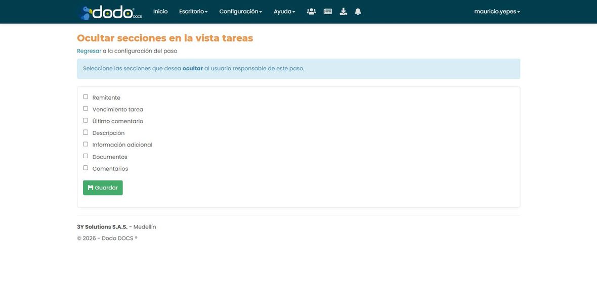 Configuración de Ocultar secciones en la vista tareas: casillas Remitente, Vencimiento tarea, Último comentario, Descripción, Información adicional, Documentos y Comentarios.