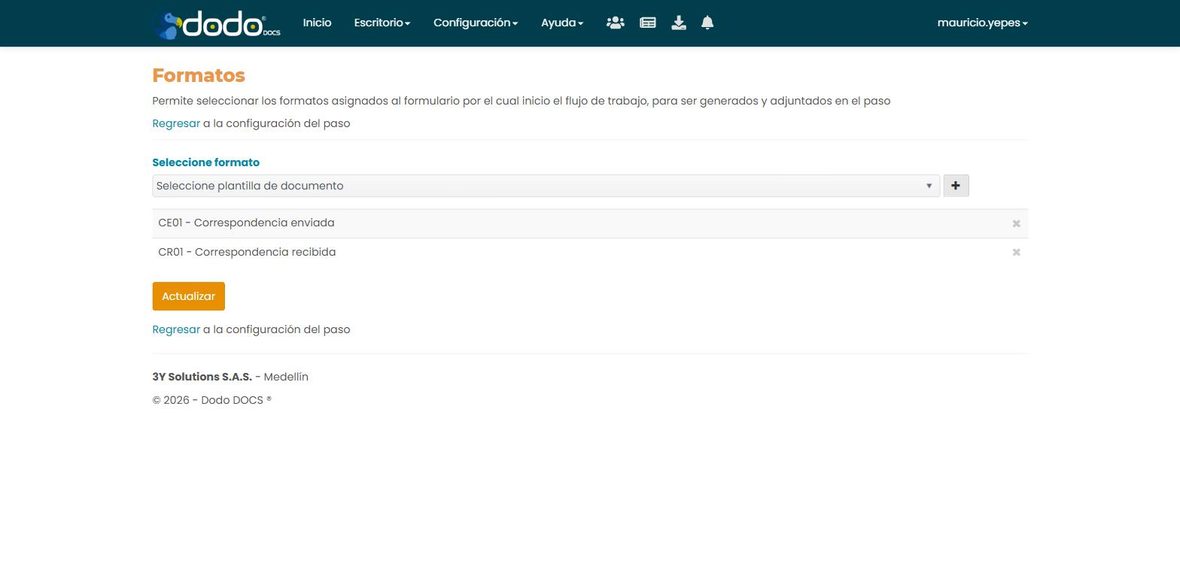 Configuración de Formatos del paso: lista de plantillas seleccionadas para generar y adjuntar al cumplir el paso.