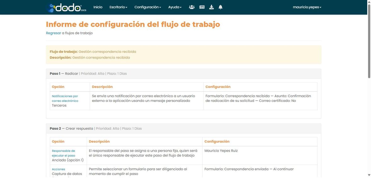 Informe de configuración del flujo de trabajo: cada paso con sus opciones, su descripción y su configuración.